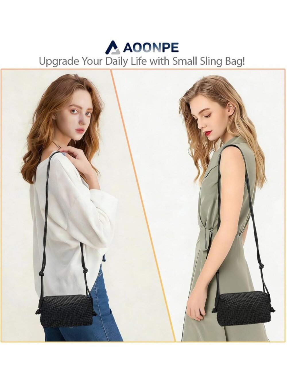 Women's Black Small Woven Vegan Leather Zipper Imported Crossbody Bag - Picture 2 of 6